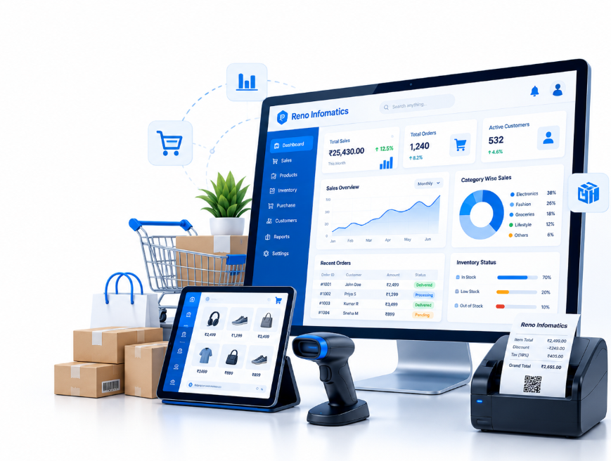 Reno ERP dashboard preview showing retail analytics