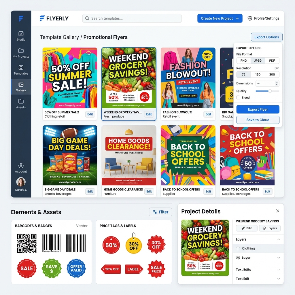 RENO Flyer Design Gallery featuring supermarket weekend sale templates, electronics discount posters, and grocery circulars